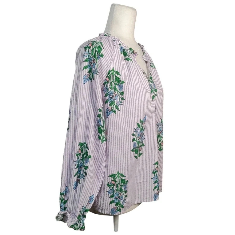 J.‎ Crew Striped Floral V-Neck Ruffle Blouse Purple White Coastal Boho Size S